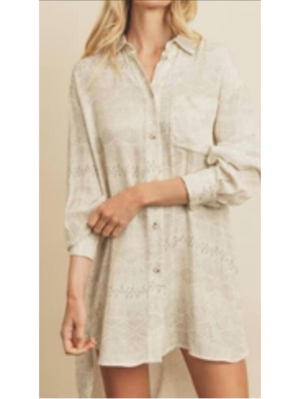 VICI Cream Brown Patterned Button Down Shirt Tunic Top Boho Casual Women’s M